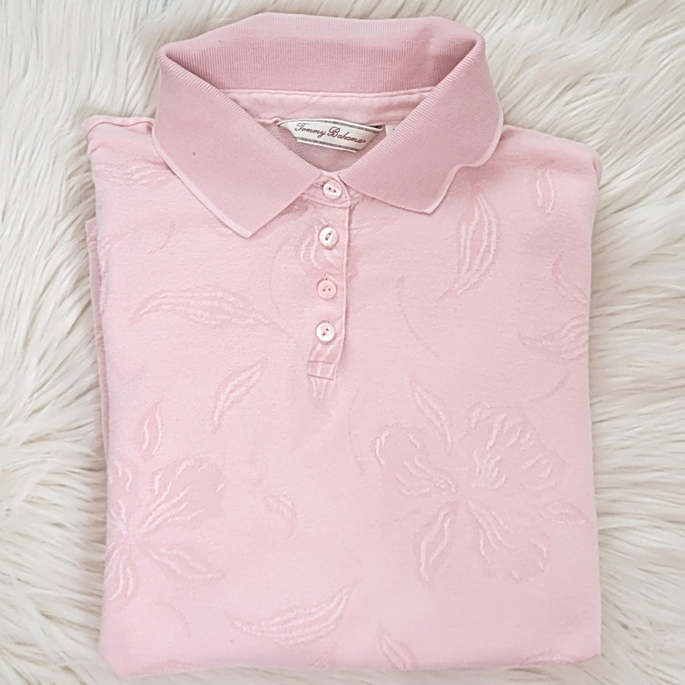 Tommy Bahama Textured Floral Tropical Short Sleeve Polo Top Women's size Large